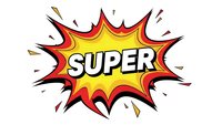 Comic book explosion burst with SUPER text in bold letters on yellow center with red orange flames and motion lines on white background.