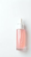 Pink serum dropper bottle with white cap on clean background for skincare and beauty product marketing.