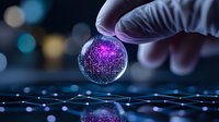 Glowing purple sphere with network connections held by fingers against dark background with bokeh lights and digital grid reflection. For technology concepts.