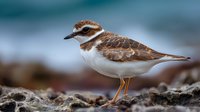 Killdeer shorebird standing on rocky beach with blurred blue water background, showcasing distinctive brown and white plumage pattern.
