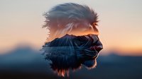 Double exposure portrait combining male profile with majestic mountain landscape at sunset, dramatic silhouette merging with nature in orange and blue tones.