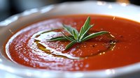 Rich tomato soup garnished with fresh herbs in white bowl, creamy texture with olive oil drizzle, comfort food for restaurant menus and culinary content.