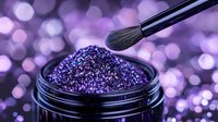 Purple glitter makeup pigment in black jar with professional brush against blurred bokeh background, cosmetic beauty product photography.