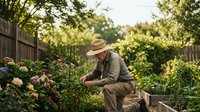 Senior man in straw hat tending to colorful flower garden in backyard during golden hour sunlight for gardening and retirement lifestyle concepts.