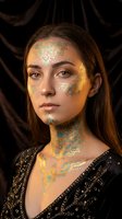 Young Caucasian woman with intricate golden tribal face and body paint featuring geometric patterns and mandala designs for cultural art and beauty concepts.
