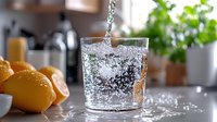 Sparkling mineral water poured into glass with ice cubes and fresh citrus slices, splashing stream creates dynamic effect against blurred kitchen background.