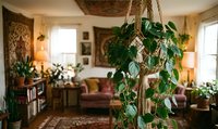 Cozy bohemian living room interior with hanging macrame plant holder and lush green houseplants creating warm atmospheric home decor for lifestyle design.