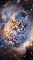 Mystical tabby cat surrounded by cosmic nebula with sparkling stars and galaxy colors for fantasy art projects and spiritual meditation designs.