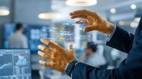 Businessman hands protecting digital network connections and data analytics in modern office environment for cybersecurity and technology solutions.