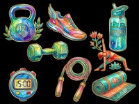 Colorful fitness sticker set isolated on transparent background, featuring kettlebell, sneaker, dumbbell, water bottle, yoga mat, jump rope, stopwatch, and stretching woman. Ready for clipart and print on demand.