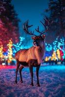 Majestic reindeer standing in snow with colorful bokeh lights creating magical winter atmosphere. Holiday decorations illuminate night scene with blue and pink glow.