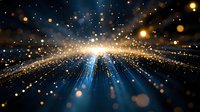 Abstract digital light burst with golden particles and blue rays creating dynamic energy flow for technology and innovation backgrounds.