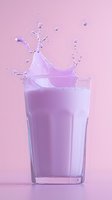 Pink strawberry milk splash in tall glass against pastel background, dynamic liquid crown formation with droplets creating dramatic movement effect.