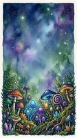 Enchanted forest floor with whimsical mushrooms, ferns, and glowing starry night sky in purple, blue, and green tones. Fantasy woodland illustration for creative projects.