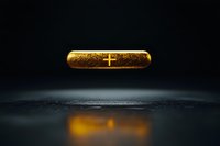 Glowing golden ring with cross symbol floating mysteriously against dark background with reflection on black surface, dramatic lighting creates mystical atmosphere.