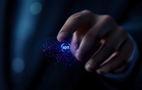 Hand touching glowing IoT symbol with scattered digital particles in dark blue atmosphere, representing modern connectivity and smart technology advancement.