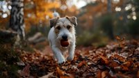 Playful Jack Russell terrier carrying ball while running through colorful autumn forest with fallen leaves on woodland path.