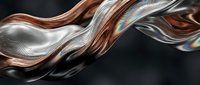 Flowing metallic ribbons in copper, silver, and bronze tones swirl against a dark background, creating an elegant abstract composition suitable for modern design projects.