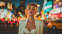 Young blonde woman in white blazer standing on busy city street at night with colorful neon lights and traffic creating vibrant urban atmosphere.
