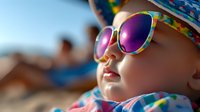 Young Caucasian child wearing colorful mirrored sunglasses and summer hat at beach, close-up portrait with soft focus background capturing carefree vacation mood.