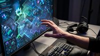 Futuristic holographic interface with glowing data visualization and network connections being operated by human hand on modern computer workstation.