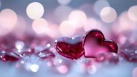 Red glass hearts on reflective surface with soft pink bokeh background creates romantic mood for Valentine's Day, anniversary, or love celebration designs.