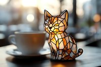Stained glass cat lamp with geometric pattern glowing warmly beside coffee cup on cafe table with blurred background.