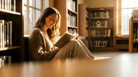 Young woman reading book while sitting on library floor surrounded by bookshelves in warm sunlight for education and learning concepts.