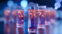 Sparkling drink in tall glass with bubbles and blue bokeh background, selective focus on foreground glass creating atmospheric party mood.