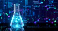 Glowing laboratory flask with digital data streams and holographic interface elements in futuristic scientific research environment for technology concepts.