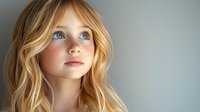 Young blonde woman with blue eyes and natural wavy hair looking up thoughtfully against light gray background, soft lighting creates gentle shadows and highlights.