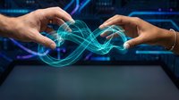 Two hands creating glowing turquoise energy waves between palms against futuristic digital technology background for innovation concepts.