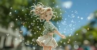 Young girl with blonde curly hair dancing outdoors surrounded by magical heart shapes and sparkles in soft bokeh light, wearing mint green top and white skirt.