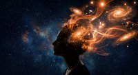 Woman silhouette with cosmic galaxy hair flowing in space with stars and nebula energy streams for meditation and spiritual consciousness concepts.