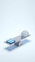 Balance scale with microchip and human brain representing artificial intelligence versus human intelligence technology comparison concept.
