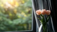 Peach tulips in clear glass vase by window with dark curtain and blurred garden background, spring home decor and floral arrangement.
