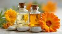 Two glass bottles with cork stoppers containing clear and amber essential oils surrounded by vibrant orange calendula flowers and smooth spa stones for aromatherapy.