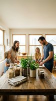 Family of four in bright kitchen preparing meal together with fresh herbs and pantry ingredients on wooden table, lifestyle and home cooking.