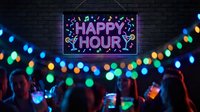 Neon happy hour sign glowing purple with cocktail glass icons against dark brick wall background with colorful bokeh lights creating festive bar atmosphere.