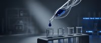 Laboratory pipette dispensing blue liquid into glass test tubes on dark surface in modern scientific research facility for medical analysis and experiments.