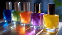 Colorful nail polish bottles in row on reflective surface with blue, green, orange, purple and yellow shades casting vibrant shadows in soft focus background.