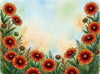 Watercolor floral frame with vibrant orange and red gaillardia flowers on soft pastel background, copy space for text or design.