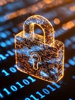 Digital padlock glowing with binary code pattern against computer keyboard background, representing cybersecurity and data protection in modern technology.