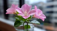 Pink flowers with green stems arranged in a clear glass vase, urban setting in soft focus background, suitable for home decor and lifestyle designs.