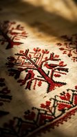 Traditional folk embroidery with red tree of life motif on natural linen fabric showcasing intricate cross-stitch needlework and ethnic textile craftsmanship.