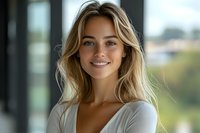 Young Caucasian woman with blonde hair and natural makeup wearing white sweater smiles warmly at camera. Soft natural lighting creates gentle shadows highlighting genuine expression.
