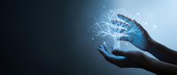 Hand holding glowing digital network structure with connected lines and particles on dark background, representing technology, innovation, data connection, and future digital transformation.