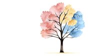 Watercolor tree with pink, yellow and blue foliage on white background, artistic botanical illustration showing seasonal changes in nature. Isolated design element.