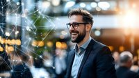 Smiling businessman with glasses at networking event with digital connection overlay, representing technology and professional success in corporate environment.