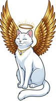 White cat with golden wings and halo, isolated on white background. Cartoon angel cat illustration suitable for greeting cards, t-shirt designs, and pet-themed graphics.